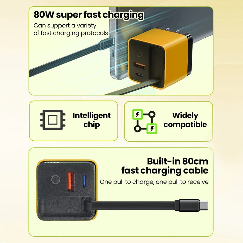 80W USB Charger with Retractable Type C Cable USB C Charger for iPhone 16 15 Huawei iPad Laptop Type C Mobile Phone Fast Charger