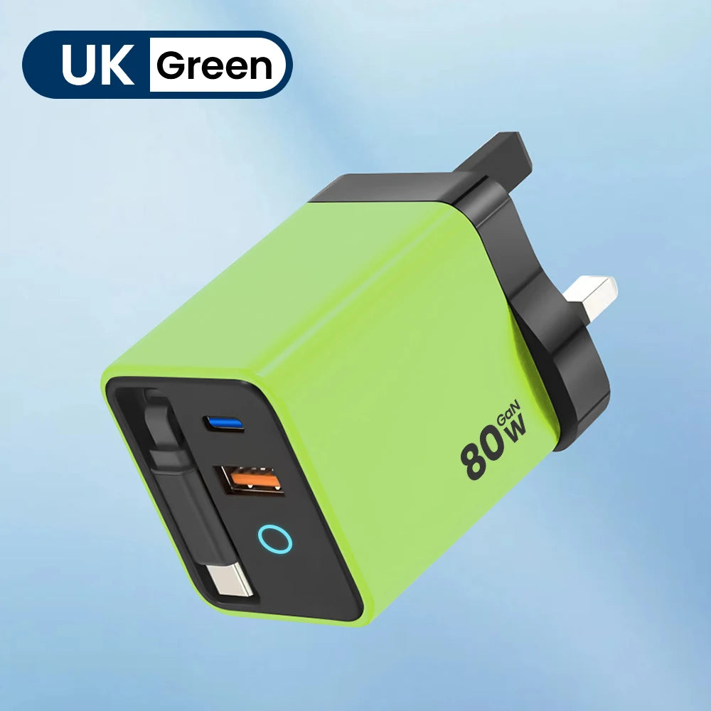 80W USB Charger with Retractable Type C Cable USB C Charger for iPhone 16 15 Huawei iPad Laptop Type C Mobile Phone Fast Charger