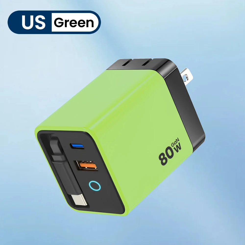 80W USB Charger with Retractable Type C Cable USB C Charger for iPhone 16 15 Huawei iPad Laptop Type C Mobile Phone Fast Charger