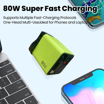 80W USB Charger with Retractable Type C Cable USB C Charger for iPhone 16 15 Huawei iPad Laptop Type C Mobile Phone Fast Charger