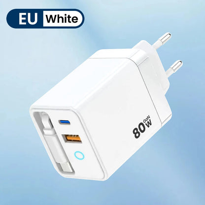 80W USB Charger with Retractable Type C Cable USB C Charger for iPhone 16 15 Huawei iPad Laptop Type C Mobile Phone Fast Charger