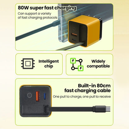80W USB Charger with Retractable Type C Cable USB C Charger for iPhone 16 15 Huawei iPad Laptop Type C Mobile Phone Fast Charger