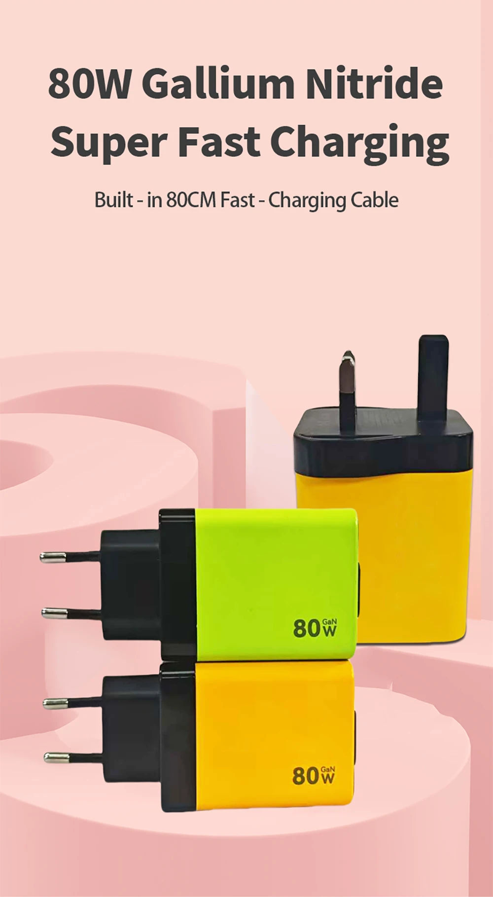 80W USB Charger with Retractable Type C Cable USB C Charger for iPhone 16 15 Huawei iPad Laptop Type C Mobile Phone Fast Charger