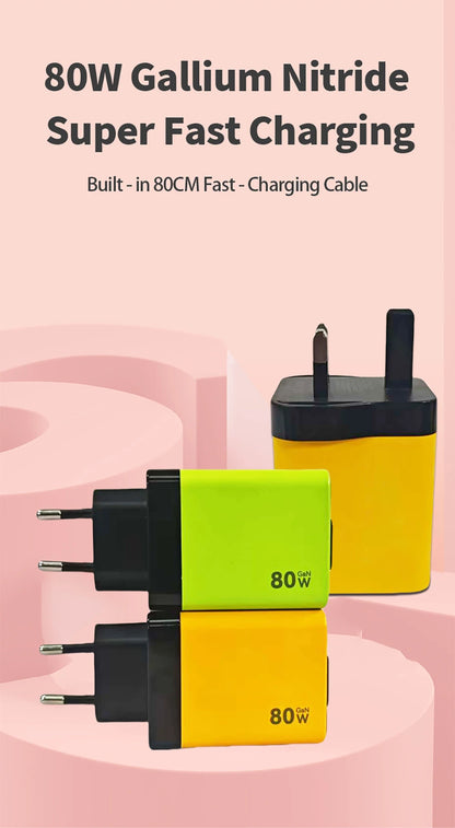 80W USB Charger with Retractable Type C Cable USB C Charger for iPhone 16 15 Huawei iPad Laptop Type C Mobile Phone Fast Charger