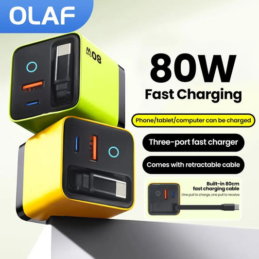 80W USB Charger with Retractable Type C Cable USB C Charger for iPhone 16 15 Huawei iPad Laptop Type C Mobile Phone Fast Charger