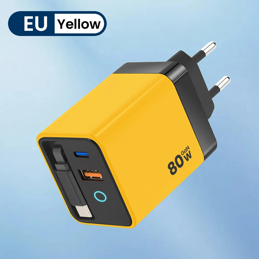 80W USB Charger with Retractable Type C Cable USB C Charger for iPhone 16 15 Huawei iPad Laptop Type C Mobile Phone Fast Charger