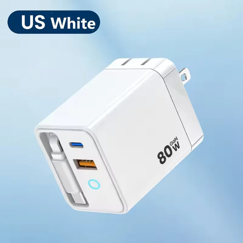 80W USB Charger with Retractable Type C Cable USB C Charger for iPhone 16 15 Huawei iPad Laptop Type C Mobile Phone Fast Charger