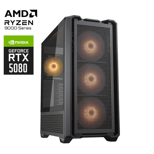 Computer case with AMD Ryzen and NVIDIA GeForce RTX 5080 branding on a white background